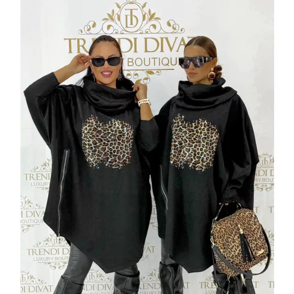 Leopárdmintás strasszos női oversize sálgalléros tunika - Fekete Leopárdmintás strasszos női oversize sálgalléros tunika - Fekete