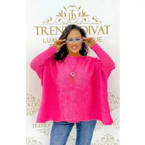   Oversize női kötött denevérujjú pulóver nyaklánccal – neon pink