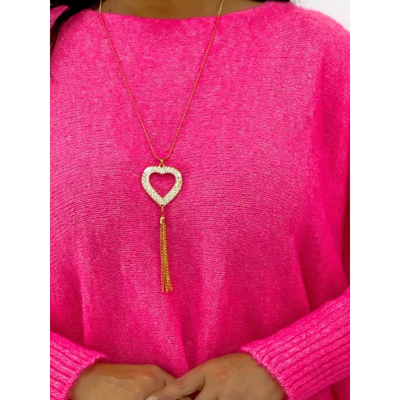 Oversize női kötött denevérujjú pulóver nyaklánccal – neon pink Oversize női kötött denevérujjú pulóver nyaklánccal – neon pink