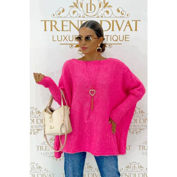 Oversize női kötött denevérujjú pulóver nyaklánccal – neon pink Oversize női kötött denevérujjú pulóver nyaklánccal – neon pink