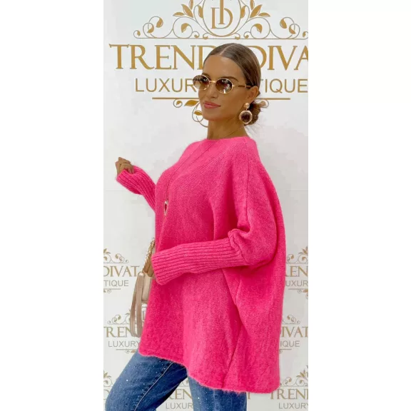 Oversize női kötött denevérujjú pulóver nyaklánccal – neon pink Oversize női kötött denevérujjú pulóver nyaklánccal – neon pink