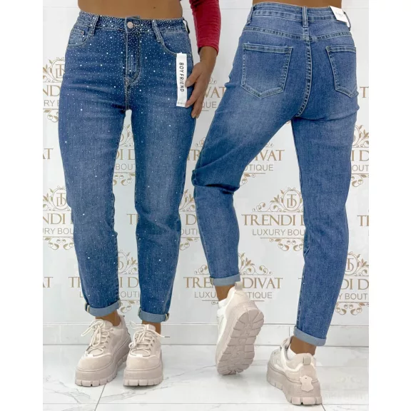 Strasszköves női boyfriend farmernadrág - Kék "RE7055" - XL