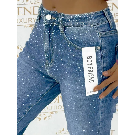 Strasszköves női boyfriend farmernadrág - Kék "RE7055" - XL