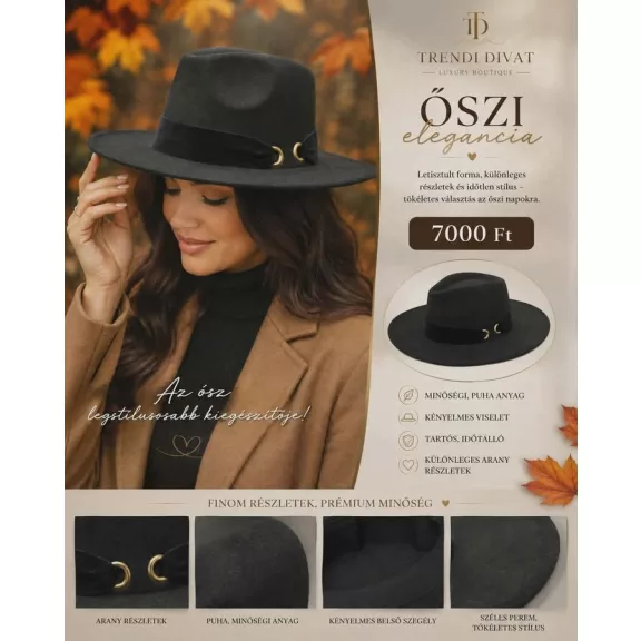 Szalag díszes, arany színű karikás szövet kalap - Csoki barna