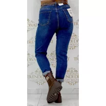   Plus size, koptatott kék Slim-Straight női farmer szegecses barna övvel "M1512-2" - M