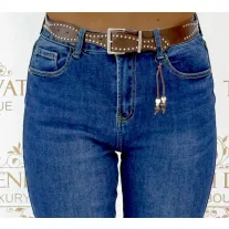   Plus size, koptatott kék Slim-Straight női farmer szegecses barna övvel "M1512-2" - M