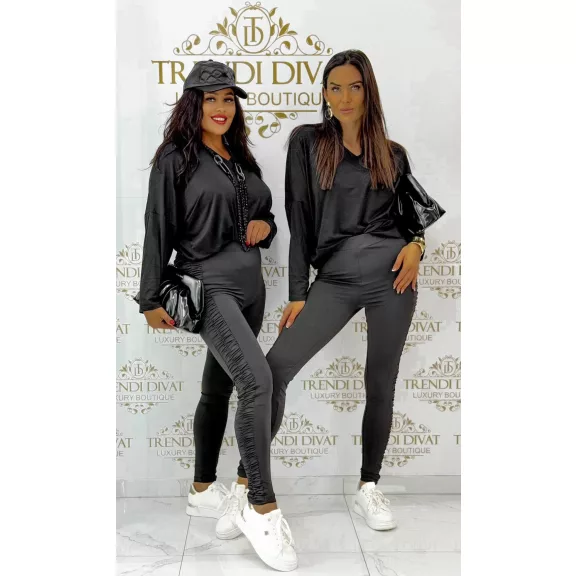 Magas derekú, oldalt ráncolt rugalmas anyagú leggings "M60002" - Fekete - L Magas derekú, oldalt ráncolt rugalmas anyagú leggings "M60002" - Fekete - L