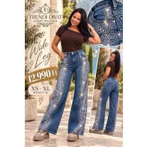   Strasszköves bő szárú női farmernadrág – Kék wide leg fit farmer "RE3539" - XS