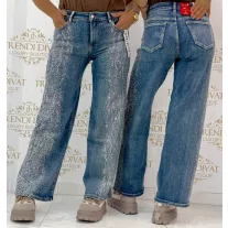   Strasszköves bő szárú női farmernadrág – Kék wide leg fit farmer "RE3539" - XS
