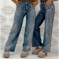   Strasszköves bő szárú női farmernadrág – Kék wide leg fit farmer "RE3539" - XS