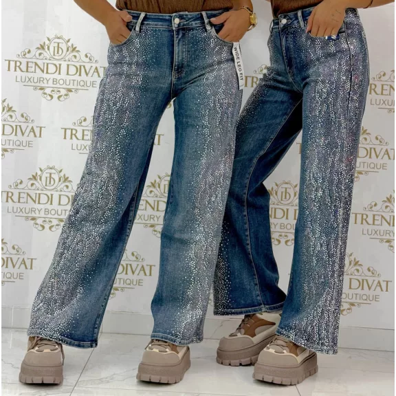 Strasszköves bő szárú női farmernadrág – Kék wide leg fit farmer "RE3539" - XS