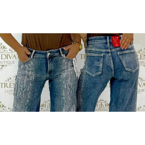 Strasszköves bő szárú női farmernadrág – Kék wide leg fit farmer "RE3539" - XS