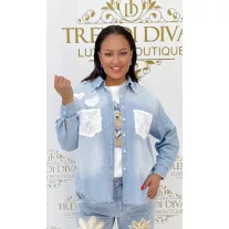   Denim shirt with sequin insert, heart pattern "SW5085" - L/XL
