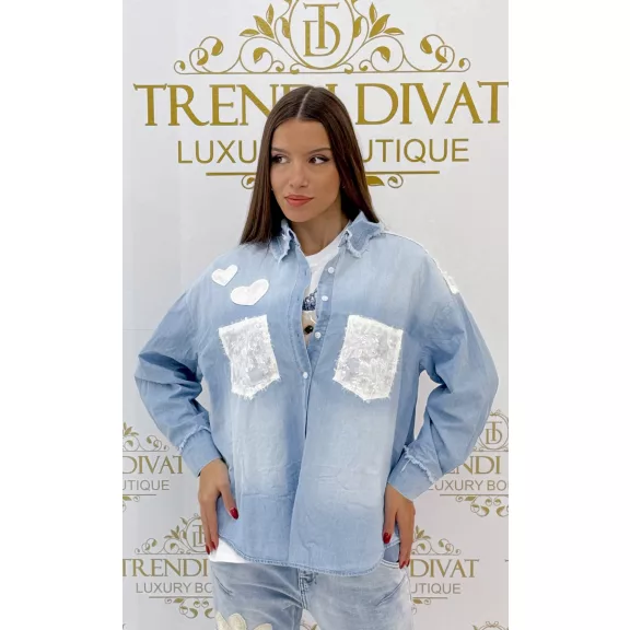 Denim shirt with sequin insert, heart pattern "SW5085" - S/M Denim shirt with sequin insert, heart pattern "SW5085" - S/M