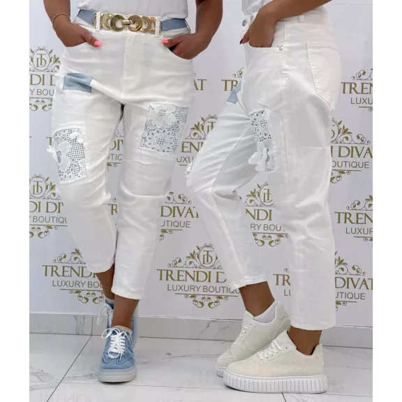 White jeans with crochet flower pattern "SW1907" - S White jeans with crochet flower pattern "SW1907" - S