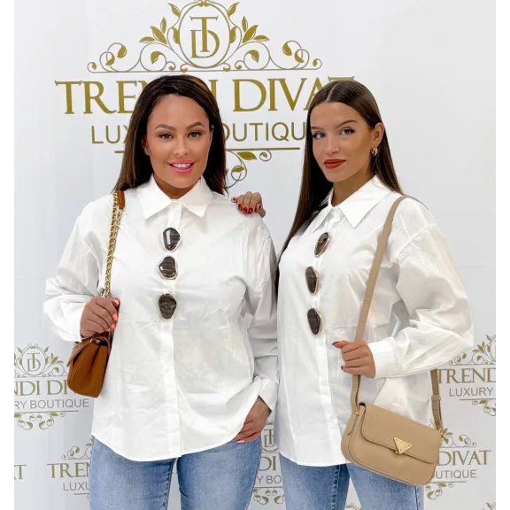 Large marble-patterned jewel-embellished, all-button blouse "MC K1302" - M/L, White Large marble-patterned jewel-embellished, all-button blouse "MC K1302" - M/L, White