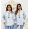 Large marble-patterned jewel-embellished, all-button blouse "MC K1302" - M/L, Blue