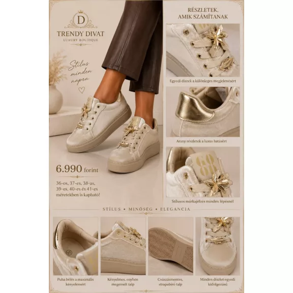 Arany színű virág díszes bársony női sneaker – Bézs platform cipő - 36