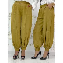   Szatén anyagú, elegáns fazonú, szára összegombolható nadrág - L/XL - Zöld
