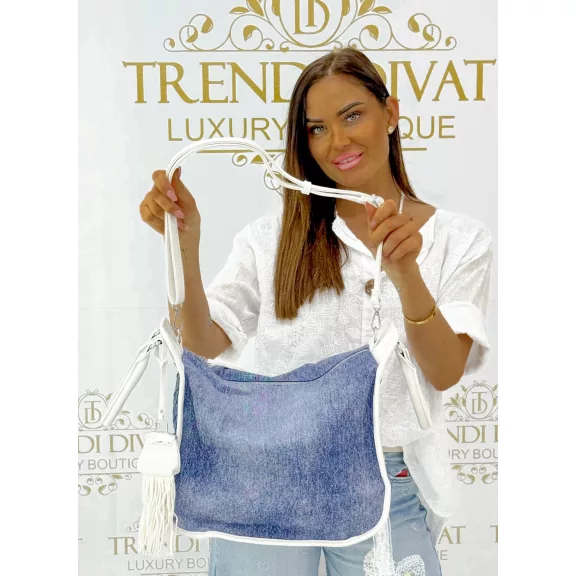 Exkluzív „Denim Geometry” Táska – Strukturált farmerhatású kézitáska fehér szegéllyel