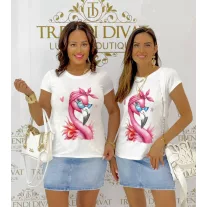   Flamingo print T-shirt with sunglasses - White/Pink / Méret nélküli