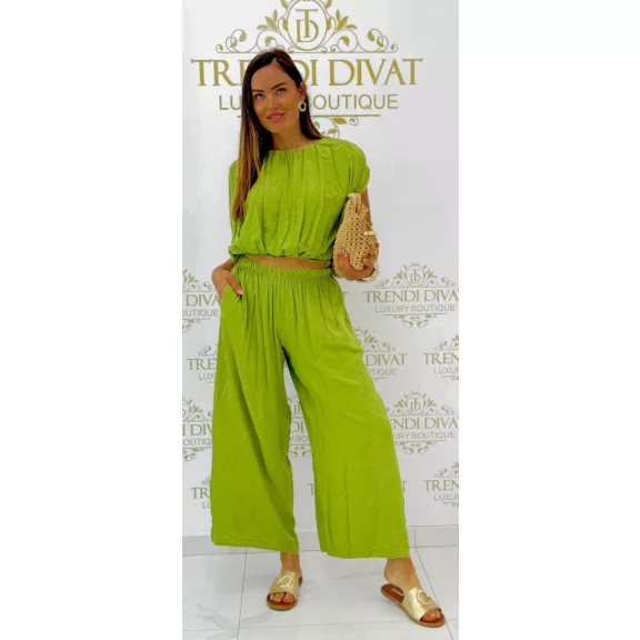 Crop top, loose two-piece palazzo pants set - Apple Green