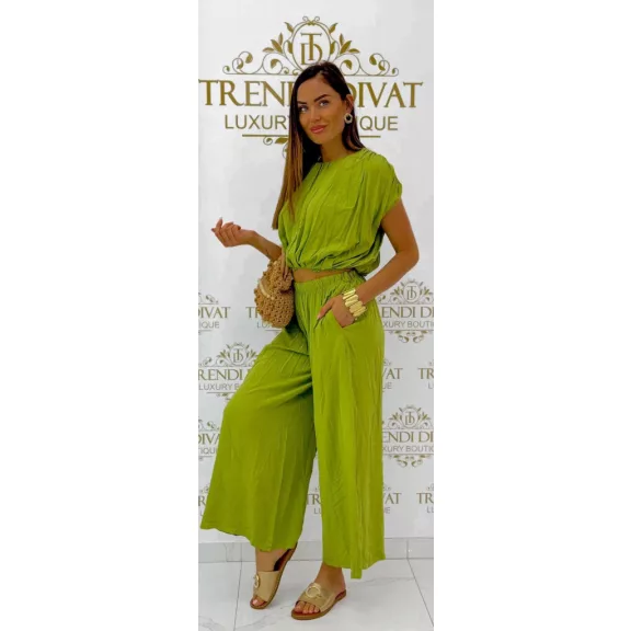 Crop top, loose two-piece palazzo pants set - Apple Green