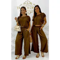 Crop top, loose two-piece palazzo pants set - Chocolate
