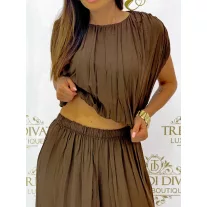Crop top, loose two-piece palazzo pants set - Chocolate