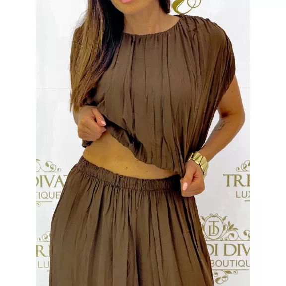 Crop top, loose two-piece palazzo pants set - Chocolate