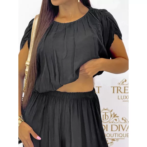 Crop top, loose two-piece palazzo pants set - Black