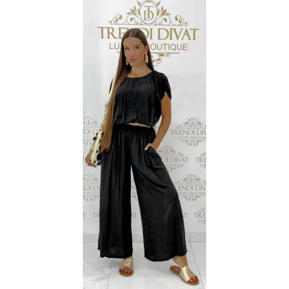 Crop top, loose two-piece palazzo pants set - Black