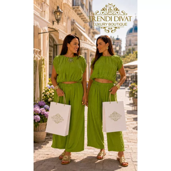 Crop top, loose two-piece palazzo pants set - Tégla