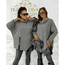   Sálgalléros texturált denevérujjú oversize tunika cipzárral, bőrhatású szegéllyel