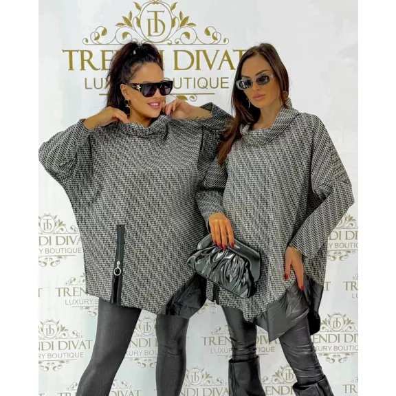 Sálgalléros texturált denevérujjú oversize tunika cipzárral, bőrhatású szegéllyel Sálgalléros texturált denevérujjú oversize tunika cipzárral, bőrhatású szegéllyel