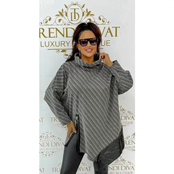 Sálgalléros texturált denevérujjú oversize tunika cipzárral, bőrhatású szegéllyel Sálgalléros texturált denevérujjú oversize tunika cipzárral, bőrhatású szegéllyel