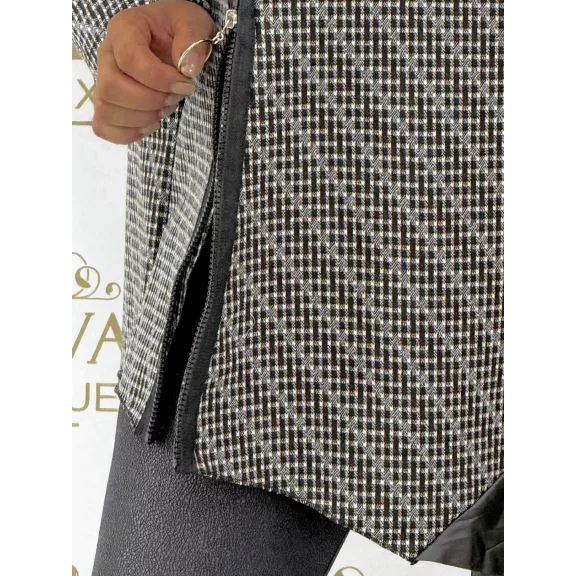 Sálgalléros texturált denevérujjú oversize tunika cipzárral, bőrhatású szegéllyel Sálgalléros texturált denevérujjú oversize tunika cipzárral, bőrhatású szegéllyel