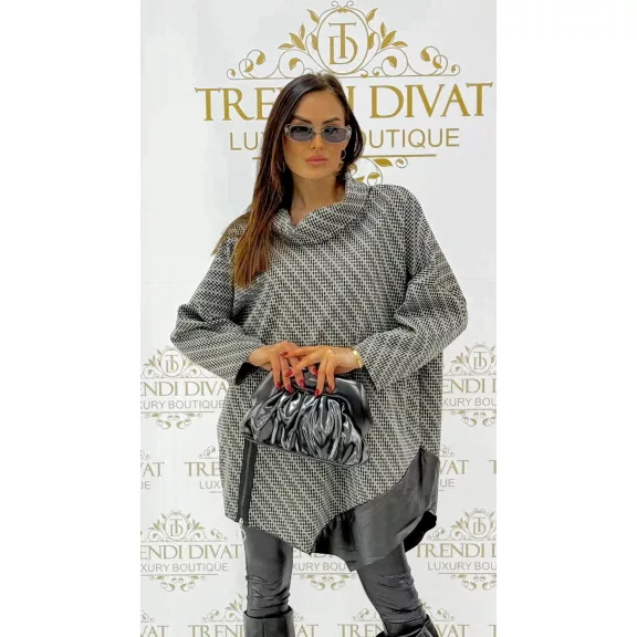 Sálgalléros texturált denevérujjú oversize tunika cipzárral, bőrhatású szegéllyel Sálgalléros texturált denevérujjú oversize tunika cipzárral, bőrhatású szegéllyel