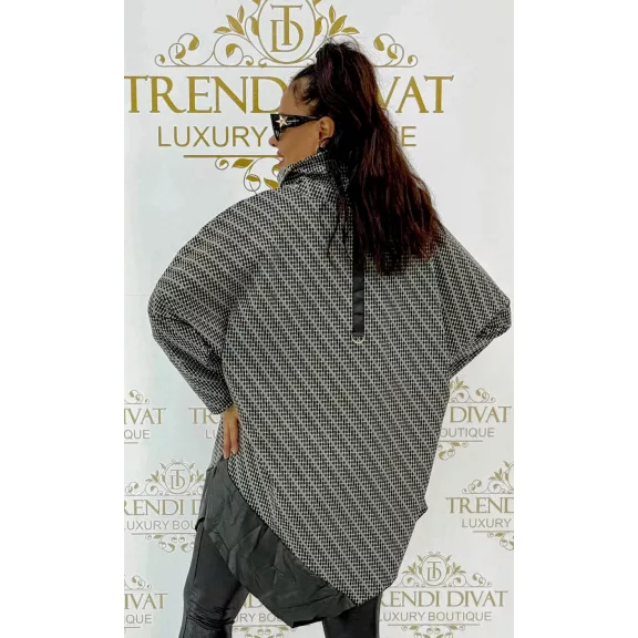 Sálgalléros texturált denevérujjú oversize tunika cipzárral, bőrhatású szegéllyel Sálgalléros texturált denevérujjú oversize tunika cipzárral, bőrhatású szegéllyel