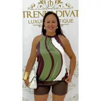   Women's top with a patterned neck - Elegant summer top - Khaki