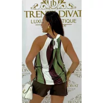   Women's top with a patterned neck - Elegant summer top - Khaki