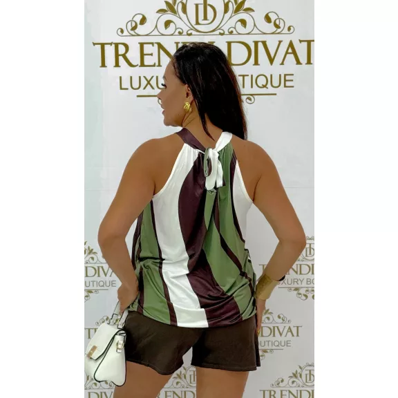 Women's top with a patterned neck - Elegant summer top - Khaki