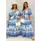 Open back beaded maxi dress with blue and white pattern "AKC-076" - M