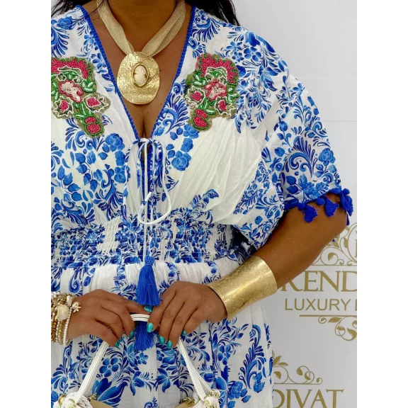 Open back beaded maxi dress with blue and white pattern "AKC-076" - M