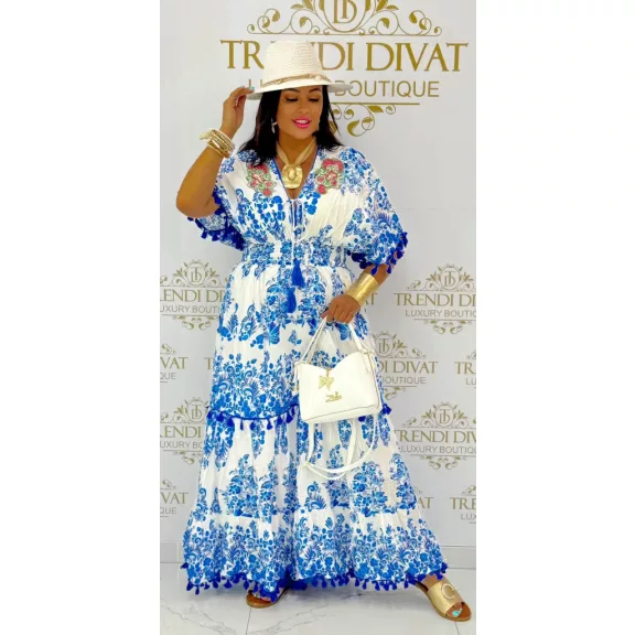 Open back beaded maxi dress with blue and white pattern "AKC-076" - M