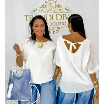   White women's blouse with back tie - Loose summer top - White / Méret nélküli