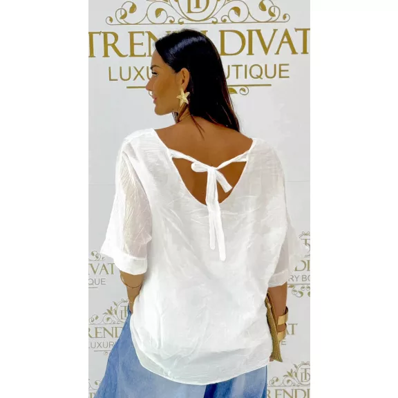 White women's blouse with back tie - Loose summer top - White / Méret nélküli