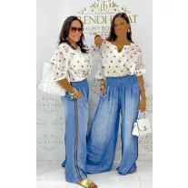   Wide elastic waist, thin denim palazzo pants with brown side stripe - Chocolate|Denim / Méret nélküli
