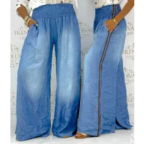   Wide elastic waist, thin denim palazzo pants with brown side stripe - Chocolate|Denim / Méret nélküli