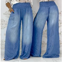   Wide elastic waist, thin denim palazzo pants with brown side stripe - Chocolate|Denim / Méret nélküli